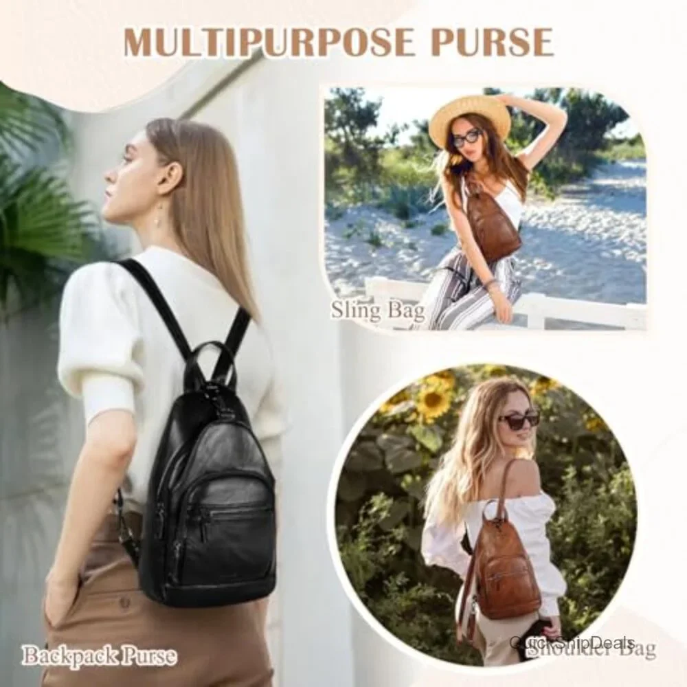 Anti Theft PU Leather Convertible Sling Backpack Daypack Women